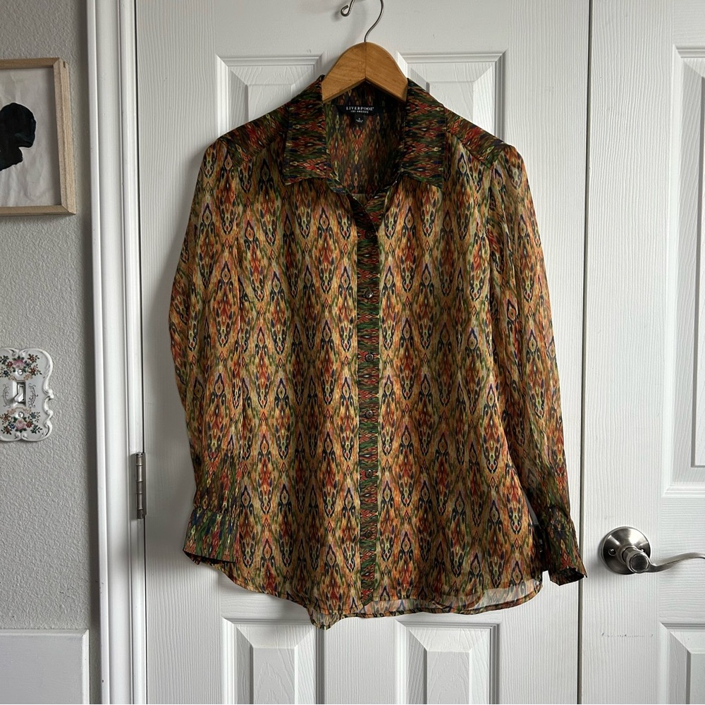 Liverpool ultra sheer long sleeve ikat long sleeve button down blouse